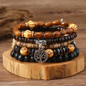 Retro Tree Of Life Wood Bead Bracelet Set For Men Women Bohemian Multilayer Coconut Shell Elastic Beaded Jewelry Wristband