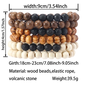 Detailed view of 6-piece vintage beaded bracelets set with wood and volcanic stone beads
