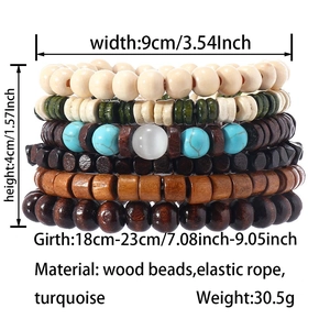 Detail showing stacked turquoise and wood bead bracelets with dimension and weight specs