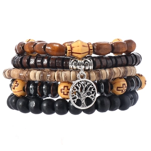 Five-layer vintage tree of life charm bracelet set with wooden beads and coconut shells