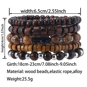 Detail showing five-piece multilayer wood bead bracelets with a vintage cross charm