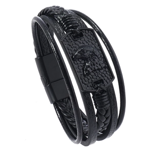 Men's multilayer black leather bracelet with embossed eagle head metal plaque and magnetic clasp