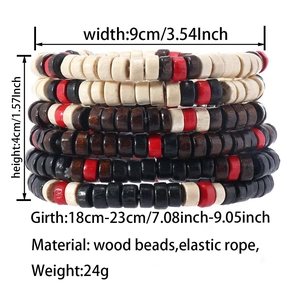 Detailed dimensions of multi-layered wood bead bracelet showing size and weight specs