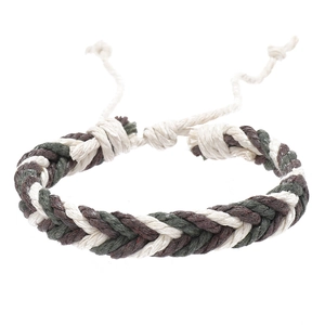 Handmade woven cotton rope bracelet in dark green and white with adjustable braided knot