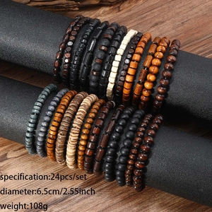 Detail view of 24-piece vintage wooden bead bracelet set on a black display stand