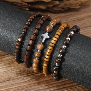 Five-layer retro wooden bead bracelet set with cross pendant for men in vintage style