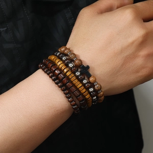Vintage multi-layer wood bead bracelet set for men with a small silver cross pendant