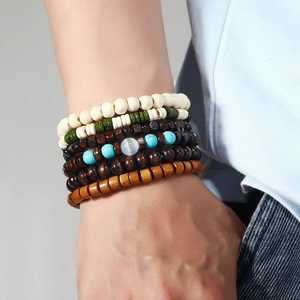 Men's bohemian layered bracelet with turquoise beads and multicolored wooden beads