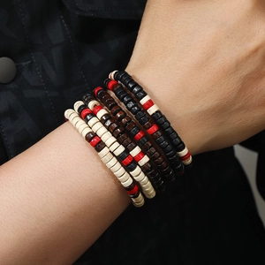 Men's stylish multi-layer wood bead bracelet set in black, brown and red wood beads