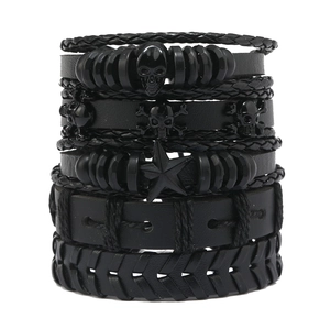 Heren zwarte meerlaagse leren armbandenset met schedel- en sterbedeltjes en kralen