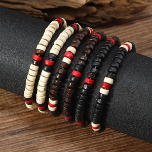 Multi-layer men's beaded bracelet set with natural wooden beads in neutral contrast tones
