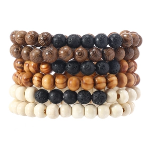 Men's 6-piece vintage multilayer bracelet set with wood beads and black lava stone