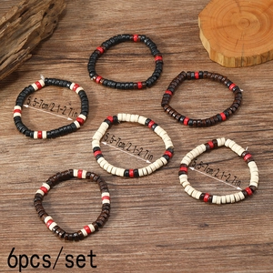 Set of 6 handmade mens multi-layer wooden bead bracelets in natural ethnic style