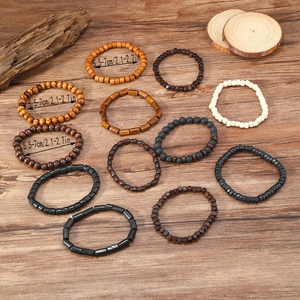 24-piece set of handmade retro wood bead and volcanic stone bracelets for men