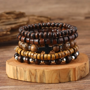 Vintage Men Multi-Layer Wood Bead Bracelet Retro Alloy Cross Pendant Ethnic Handmade Elastic Wristband Fashion Jewelry