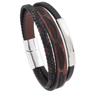 Multilayer men's leather bracelet with feather pattern and silver magnetic buckle