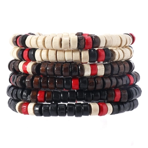 Men's handmade wooden bead bracelet set with ethnic style layered multi-color beads