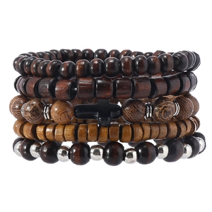 Five-piece vintage wood bead bracelet set for men featuring a small cross pendant