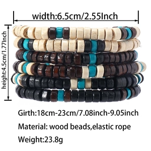 Detailed dimensions of multi-layered wood bead bracelet set with elastic cords