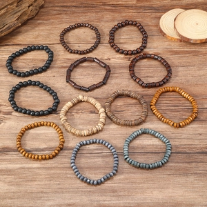 24-piece set of handmade vintage wooden bead and coconut shell bracelets for men