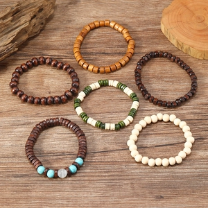Retro turquoise and wooden beaded bracelet set for men with natural multi-layer beads