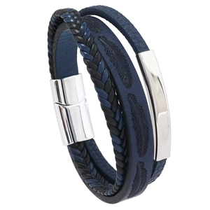 Bracelet pour homme en cuir tressé bleu à motif plumes et fermoir magnétique