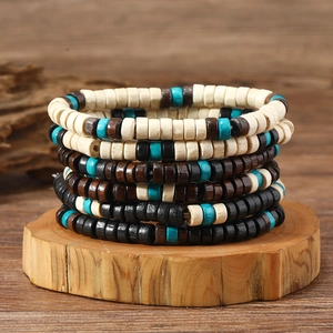 Vintage Wood Bead Multi Layer Bracelet Set For Men Women Handmade Ethnic Bohemian Multicolor Elastic Strand Bracelet Jewelry