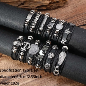 Detail view of 12pcs punk leather bracelet set with skull and anchor alloy charms