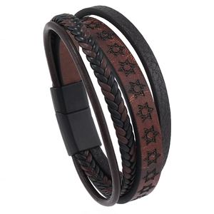 Men's retro braided leather bracelet with star motif and black magnetic clasp