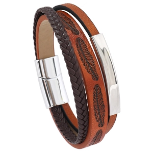 Bracelet multicouche en cuir pour homme avec motif plume et fermoir magnétique en métal