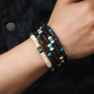 Men's multilayer wooden bead bracelet set with ethnic vintage style in dark earthy tones