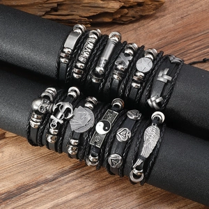 Men's Punk Retro Multi-layer Braided Leather Bracelet Alloy Skull Anchor Wings Charms Wrap Bracelets Jewelry Gift