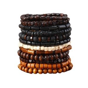 Handmade multilayer wood and volcanic stone bead bracelets for men in vintage earth tones