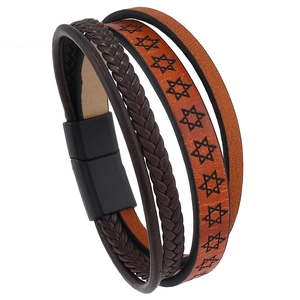 Men's multi-layer leather bracelet with star pattern and black magnetic clasp