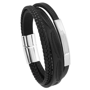 Bracelet multicouche en cuir pour homme avec motif de plume et fermoir magnétique