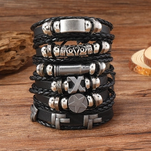 Set of 6 men's vintage punk multilayer leather bracelets with antique silver alloy charms