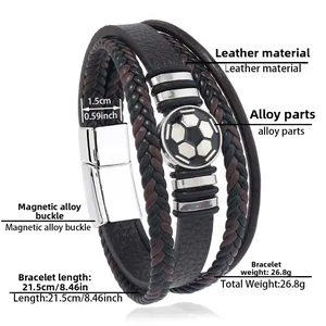 Detailed view of multilayer leather bracelet with soccer charm and dimensions 21.5cm length