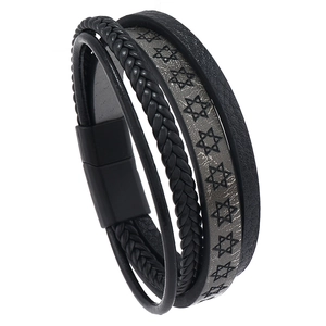 Men's retro braided leather bracelet with hexagram pattern and black magnetic clasp