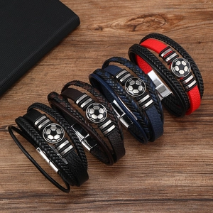Men Vintage Multilayer Braided Leather Bracelet Soccer Charm Alloy Sporty Fashion Jewelry Magnetic Clasp Bangle Wristband Gift