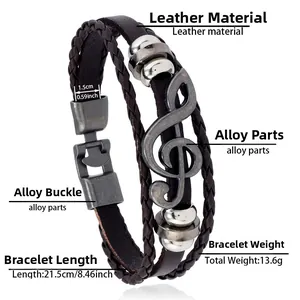 Detailed view of multilayer leather bracelet for men with treble clef charm and size specs