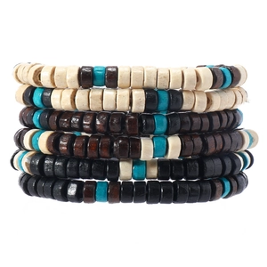 Multilayer bohemian wood bead bracelet set for men in turquoise, brown and black colors