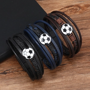 Men Sporty Soccer Pattern Leather Bracelet Multilayer Braided Cord Alloy Magnetic Buckle Adjustable Fashion Jewelry Gift