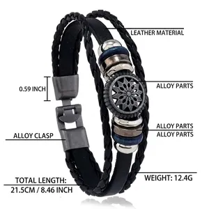 Detailansicht von mehrlagigem Lederarmband mit Sonnenblumen-Anhänger und Metallperlen