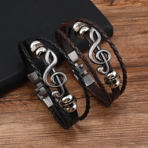 Retro Men's Leather Bracelet Vintage Multi-Layer Braided Alloy Music Note Treble Clef Charm Punk Wrap Bracelet For Unisex Jewelry