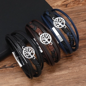 Set di bracciali multistrato in pelle da uomo con ciondolo albero della vita e fibbia magnetica