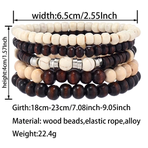 Detailed dimensions of multi-layer wood bead bracelets showing width and circumference