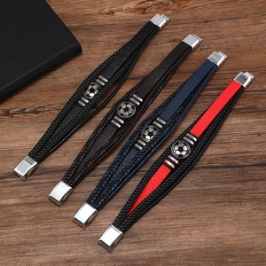 Men's multi-layered leather football bracelet set with magnetic clasp in four colors