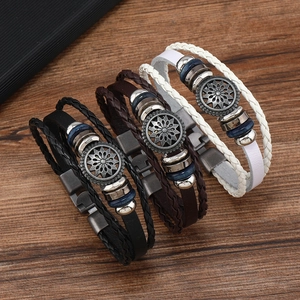 Vintage Mehrschichtiges Geflochtenes Lederarmband Für Herren Legierung Sonnenblume Anhänger Punk Wickelarmband Schmuck Zubehör