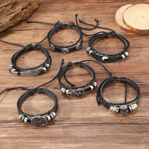 6-piece men's punk multilayer woven leather bracelets with vintage alloy pendants
