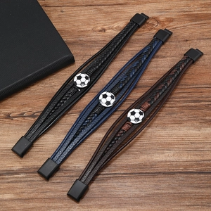 Three-piece soccer themed braided leather bracelets in black, blue and brown with magnetic clasp